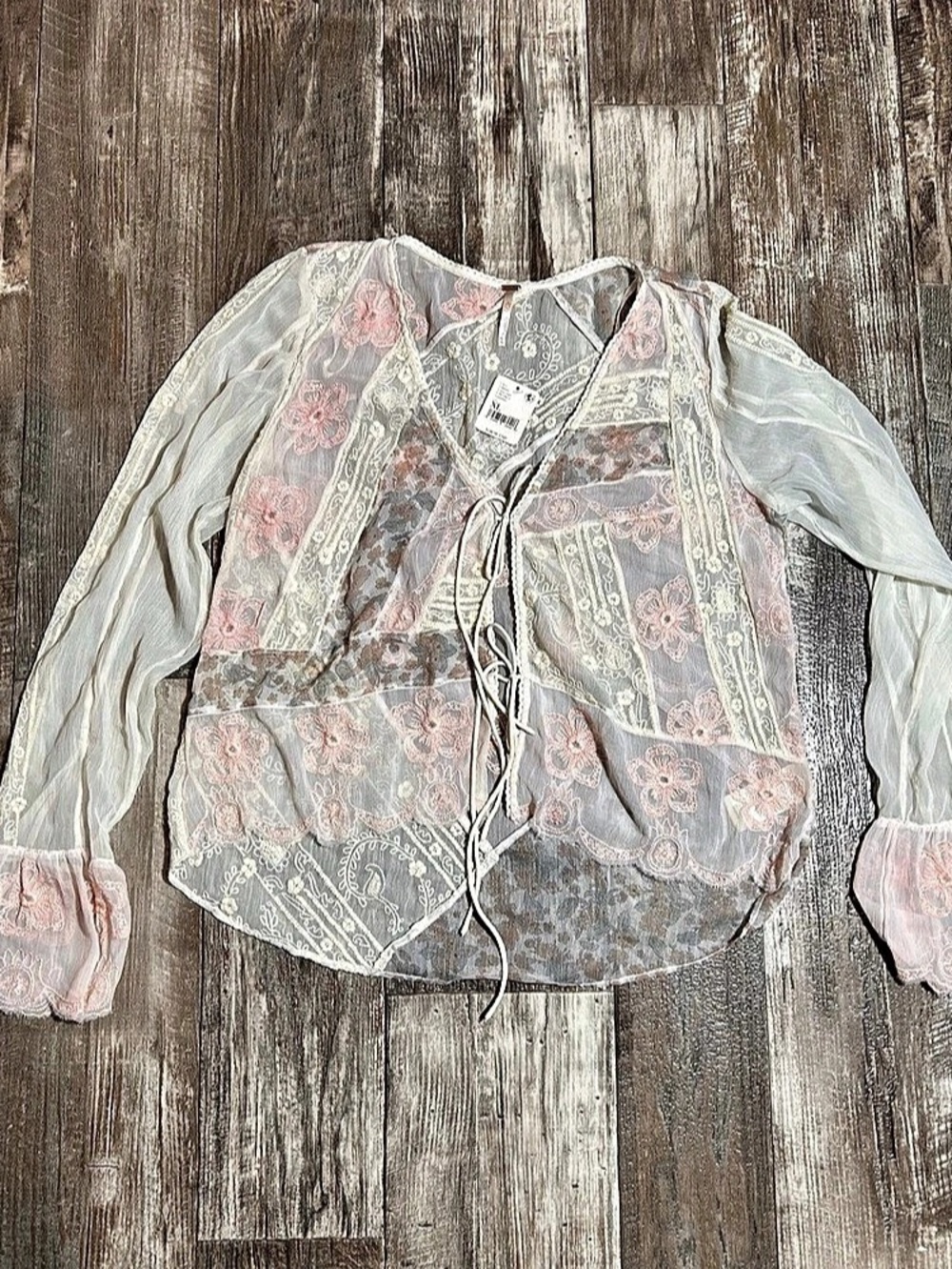 Johnny Was Floral Sheer Blouse in Gray & Pink Size XL NWT